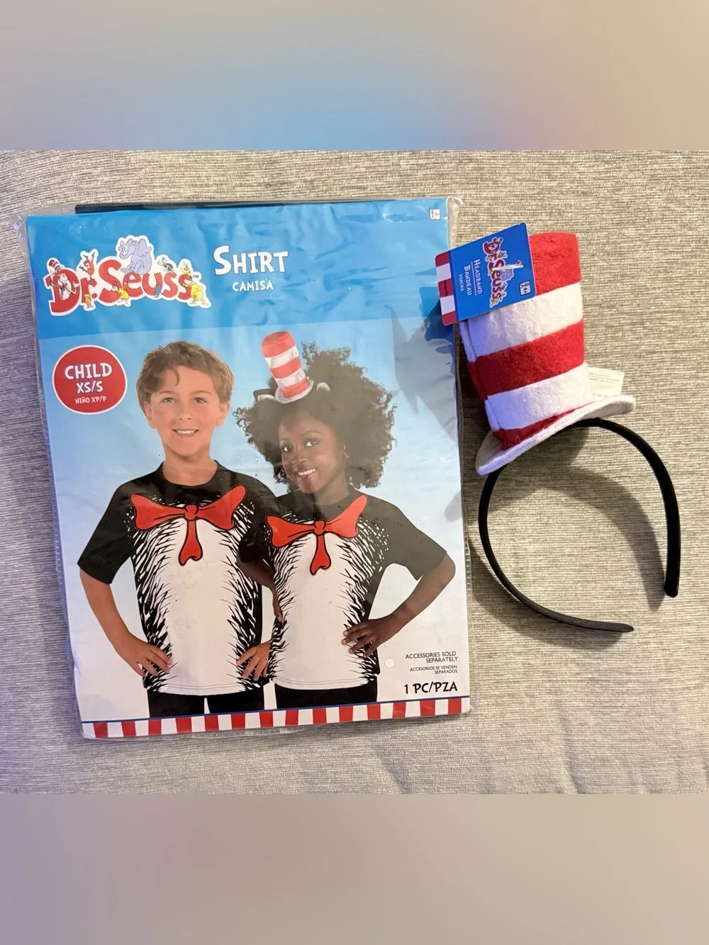 NWT Dr Seuss Cat in the Hat Shirt & Headband Set Kids XS/S Halloween Costume